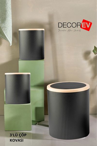decorev Комплект кошчета за боклук за баня и кухня от 3 части с въртящ се капак – 7 л, 10 л, 15 л