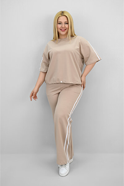 Koza Butik Дамски комплект с къс ръкав, райета и набори на талията, големи размери, 8197-25