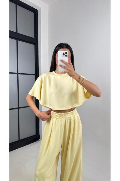 Gaus Sarı Crop Beli Lastikli Palazzo Eşofman İkili Modal Kumaş Takım Gaus00545