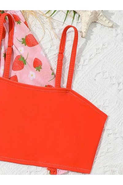 3b kids Red Strawberry Bikini Swimsuit Bustier Blouse Set Children Beach Wear