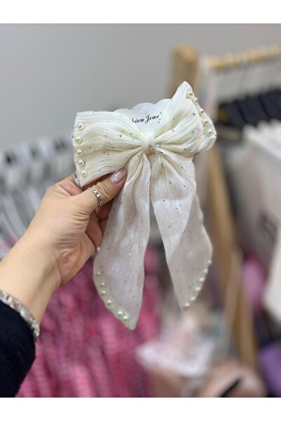 ArdenKids Ekru Tül Detay İncili Fiyonk Otomatik Klips Toka