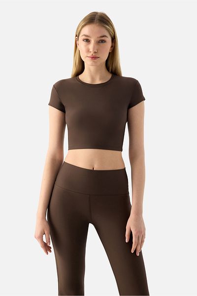 Superstacy Melina Short Sleeve Bitter Brown Crop Top