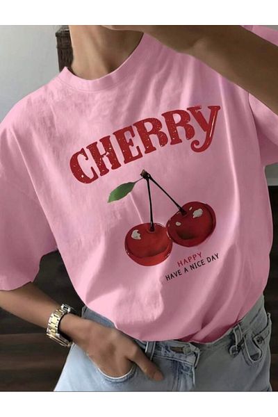 BYMEER Μπλουζάκι ροζ Cherry Printed Oversize