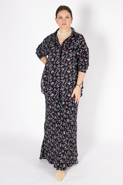 Bedrinxxl Kadın Büyük Beden Siyah Çiçek Desenli İkili Takım Rahat Kesim Uzun ...