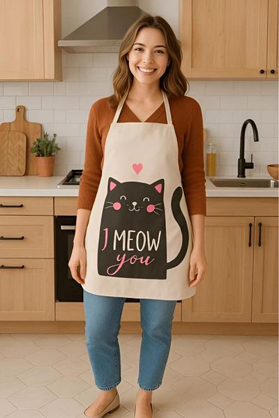 MODALİN I Meow You Kitchen Apron with Cat Pattern, Liquid Proof Cute Design
