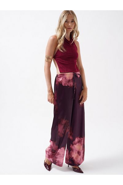 Black Fashion Patterned Satin Burgundy Trousers with Elastic Waist