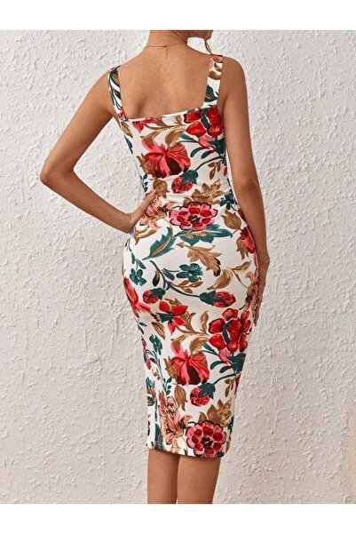 BAYAN Rochie de scafandru cu bretele pentru femei, cu decolteu pătrat, cu fantă, cu imprimeu floral