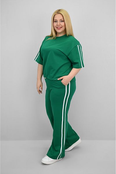 Koza Butik Women's Plus Size Stripe and Waist Drawstring Detail Short Sleeve Tracksuit Set 8197-25