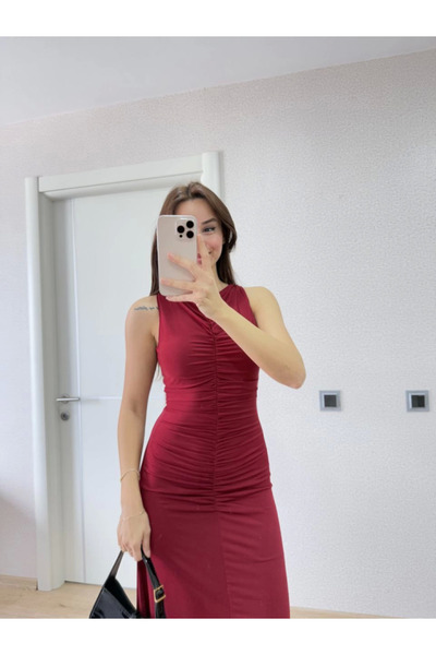 Flexium Sleeveless Gathered Long Dress - Red