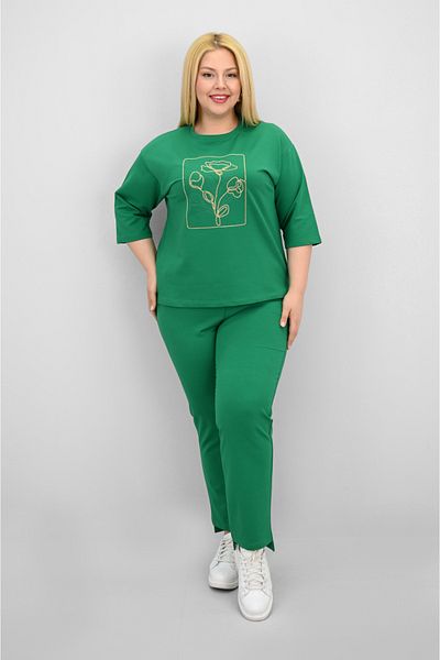 Koza Butik Women's Plus Size Short Sleeve Floral Embroidered Tracksuit Set 8199-25