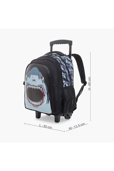 Juniors Shark Print Trolley Bag with Retractable Handle and Zip Closure - 14 inches