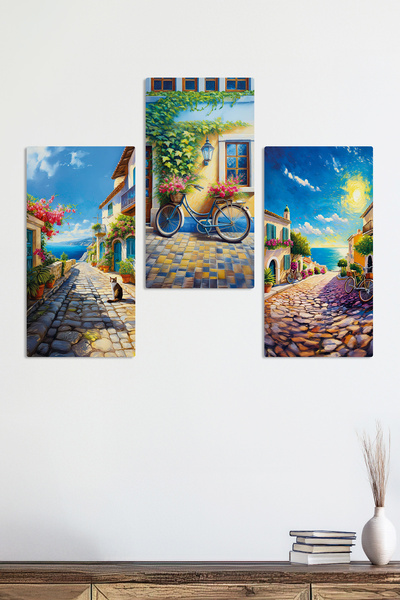 Zevahir Mobilya Dekorasyon Denize Çıkan Arnavut Kaldırımlı Sokak Manzara 3 Parça Mdf Tablo