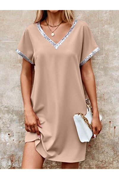 Dua Giyim Γυναικείο φόρεμα κρεπ με πέτο και μανίκια με παγιέτες με κορδέλα ει...