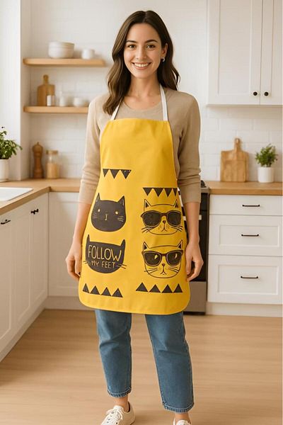 MODALİN Cool Cat Kitchen Apron with Glasses Cat Pattern, Liquid Proof Fun Design