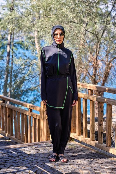 NS TASARIM MAYO Yellow Striped Design Hijab Jumpsuit Swimsuit with Lycra Modular Skirt