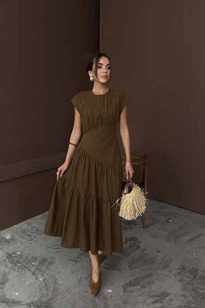 Genel Markalar Kahverengi Büzgü Detaylı Keten Elbise
