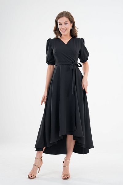 Secret Passion Lingerie Women's Double Breasted Collar Belt Detailed Short Sleeve Asymmetric Cut Black Midi Dress 410