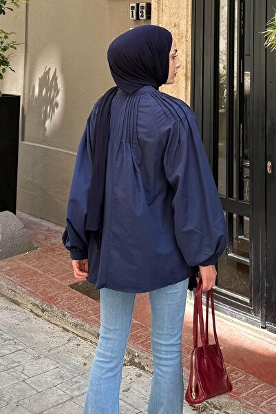 lamelif Floral Detailed Ribbed Blouse Navy Blue