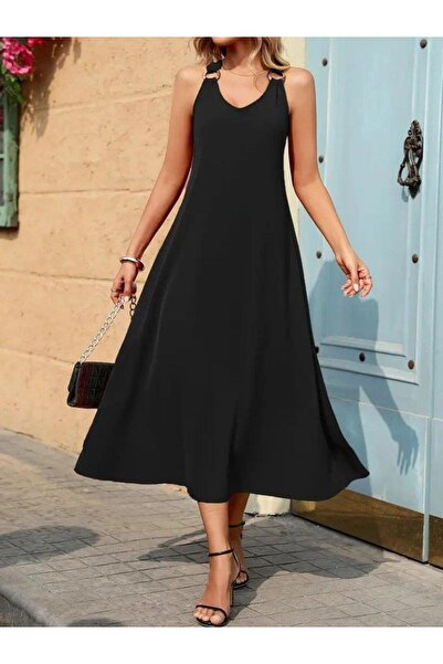 MODA Γυναικείο φόρεμα με λουράκι V λαιμόκοψη με λεπτομέρεια Maxi μήκους βισκόζης