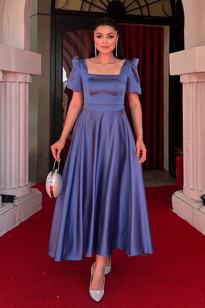 giyimmasalı Rochie midi din țesătură satinată cu guler pătrat și mâneci balon - INDIGO BLUE