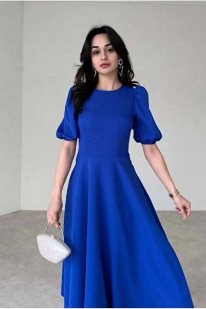 MAREANDPANDA فستان جانجان كريب قصير للنساء بأكمام منتفخة وياقة دائرية وقصة واسعة