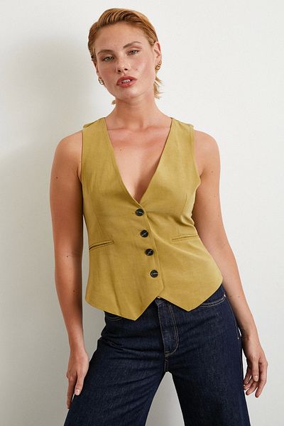 Never more Pocket Covered Linen Vest Olive