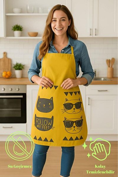 MODALİN Cool Cat Kitchen Apron with Glasses Cat Pattern, Liquid Proof Fun Design