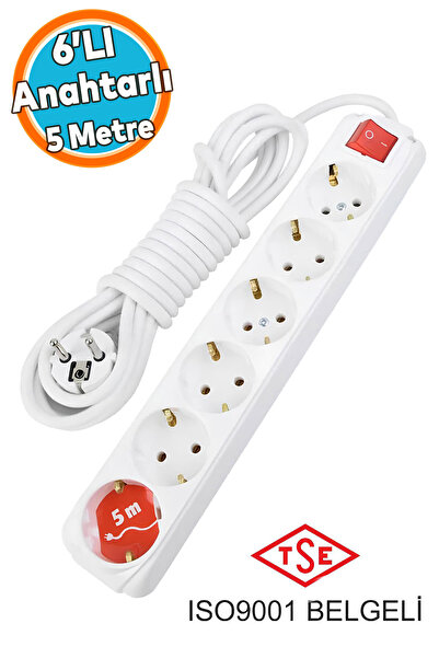 NZB Topraklı Grup Priz Uzatma Kablosu 5 metre 6'lı Ara Kablo ANAHTARLI