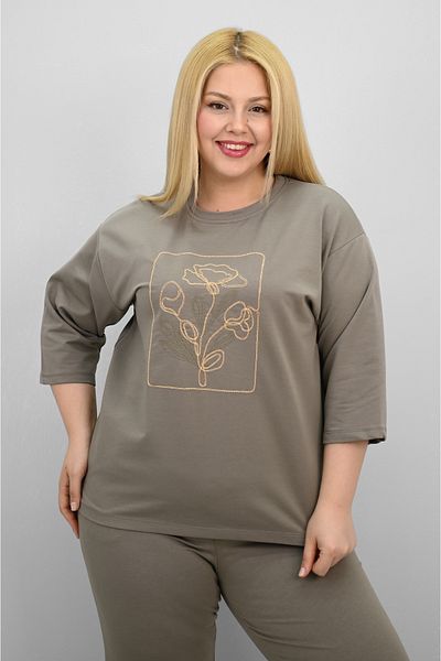 Koza Butik Women's Plus Size Short Sleeve Floral Embroidered Tracksuit Set 8199-25