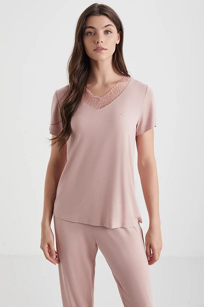 Penyemood Women's Pink Combed Cotton Suit Comfortable Lace Detailed Set C6T5N49