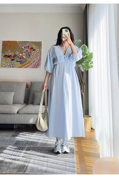 manana fashion Premium Quality Muslin Fabric Elastic Waist V-Neck Navy Blue Dress