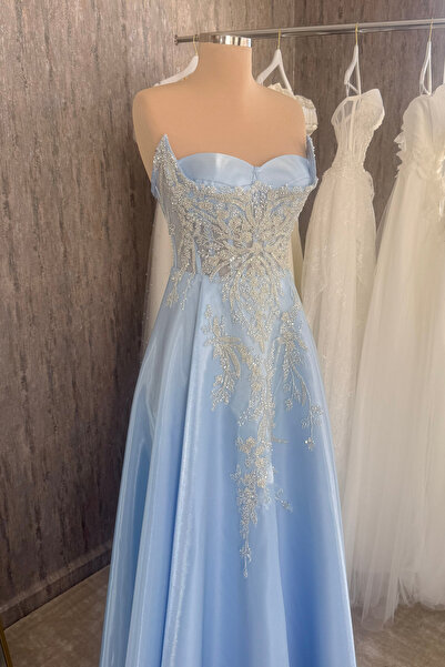 Lenta Moda Buz Mavi Straplez Yaka Dantel Kaplama Maxi Boy Saten Abiye Ve Nişan Elbisesi