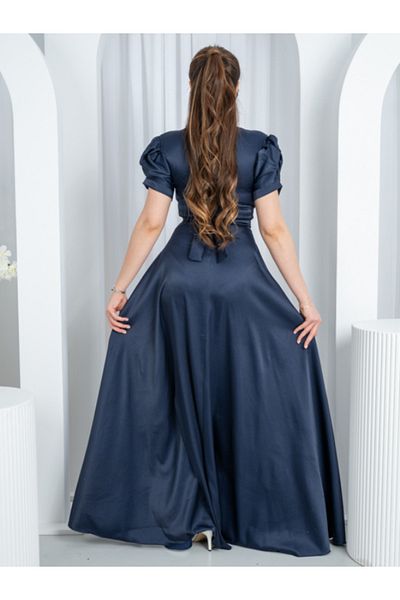 Nice Model Navy Blue Pearl Embroidered Puff Sleeve Maxi Evening Dress Formal Gown Wedding Guest Outfit