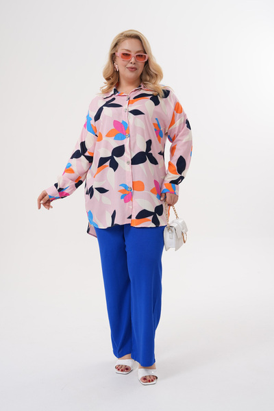 Polologin Butik Leaf Patterned Pink Viscose Tunic