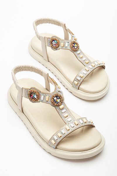 Tonny Black Women's Beige Stone Embroidered Sandals with Elastic Back