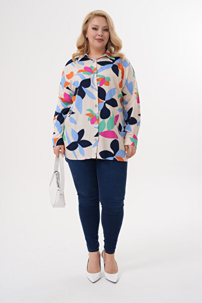 Polologin Butik Abstract Leaf Patterned Beige Viscose Tunic