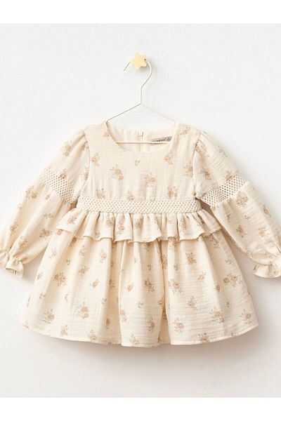 Cherrys Bebek Girl's Floral Patterned Long Sleeve Muslin Dress