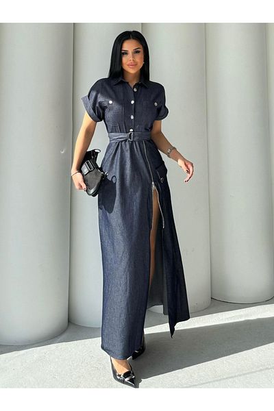 Stil Sepeti Women's Navy Blue Zipper Detail Short Sleeve Button Long Denim Dress Kd-100074120
