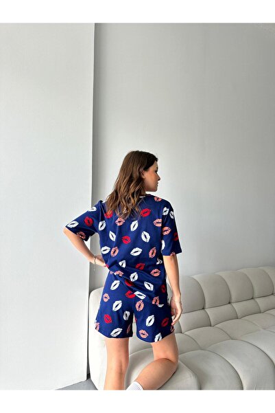 LETS BASIC Organic Cotton Lip Printed Short Sleeve Shorts Women's Pajama Set