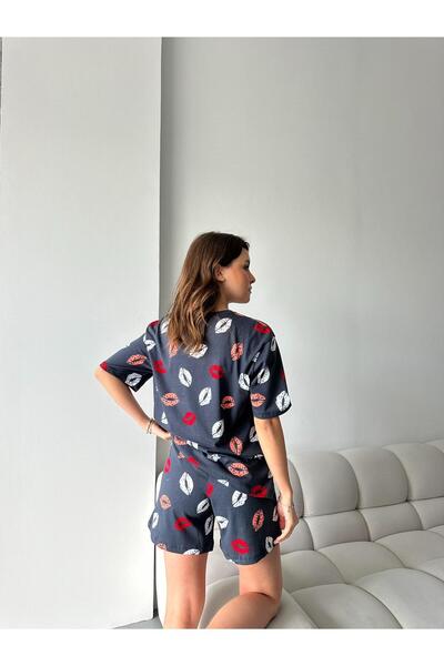LETS BASIC Organic Cotton Lip Printed Short Sleeve Shorts Women's Pajama Set