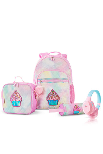 Eazy Kids 17" Set of 4 Backpack w/ BT Headset, Lunch Bag and Pencil Case-Suga...