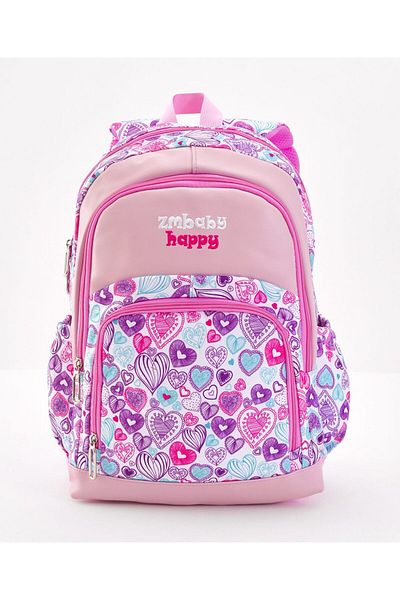 Bonfino Bonfino Heart Printed School Bag, 2 Side Water Bottle Pockets, Pink - 12 Inches