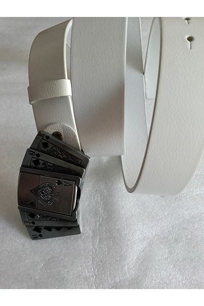 Butik Tülin Unisex Authentic Genuine Cowhide White Silver Poker Spade Royal Flush Cowboy Buckle Belt Thailand