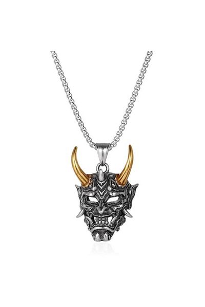 Tessero Necklace with pendant in the shape of a devil's head with golden horns, stainless steel plated with
