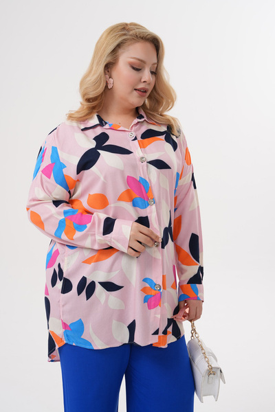 Polologin Butik Leaf Patterned Pink Viscose Tunic