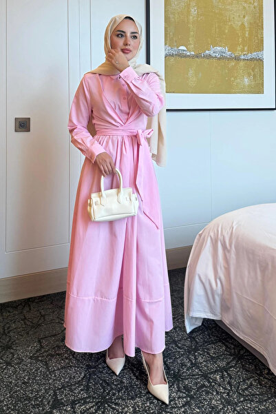 Swana Gömlek Yaka Bağlamalı Poplin Kumaş Tesettür Elbise-Toz Pembe