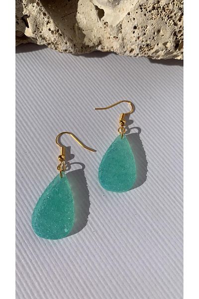 MISS GOLDEN Serrated Crystal Patterned Shiny Water Green Color Gold Accessory Medium Size Drop Epoxy Earrings Handmade