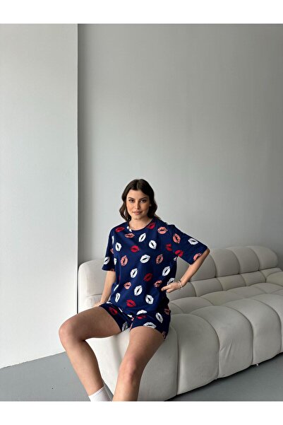 LETS BASIC Organic Cotton Lip Printed Short Sleeve Shorts Women's Pajama Set