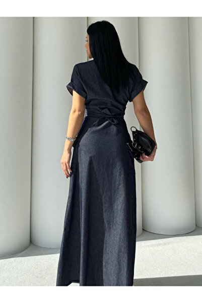Stil Sepeti Kadın Lacivert Fermuar Detaylı Kısa Kollu Düğmeli Uzun Denim Elbise KD-100074120