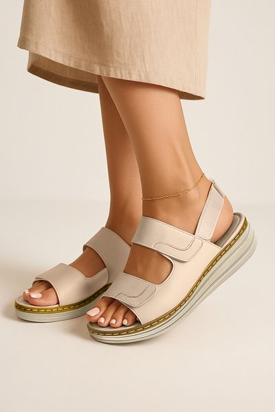 Cristante Zappella Women's Beige Orthopedic Genuine Leather Sandals – Comfortable Anatomical Sole Velcro Summer Sandals
